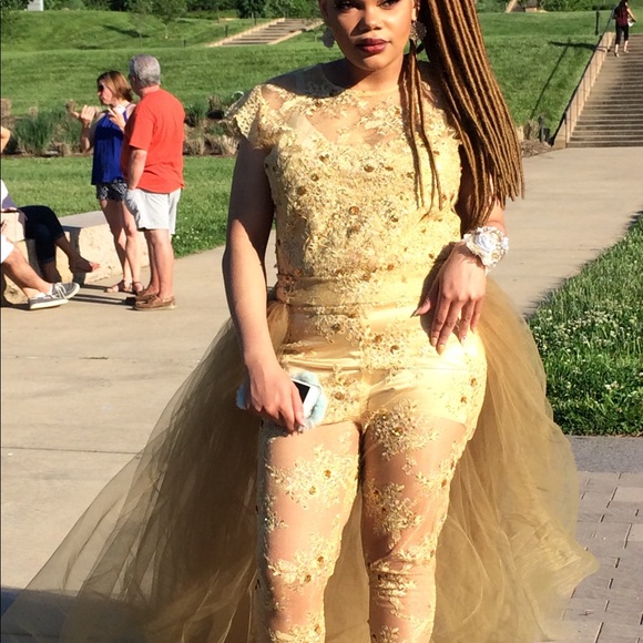 Gold Lace Appliquéd Evening Jumpsuit Prom Gown - Picture 7 of 8